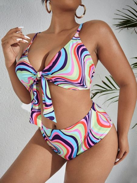 

plus abstract heart print knot front bikini swimsuit j0i8#, Black