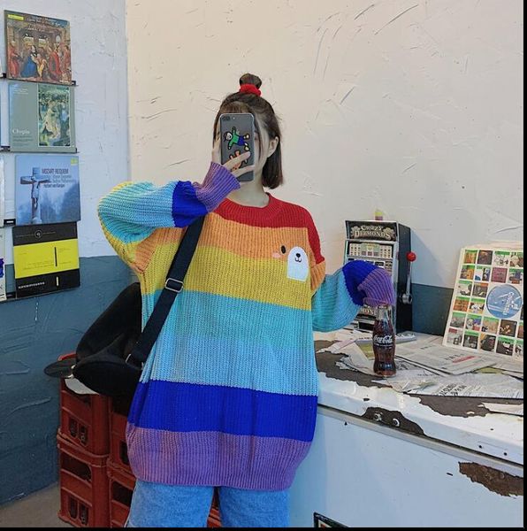 

new cute bear expression embroidery vitality rainbow striped round neck knitted sweater drop shipping high quality, White;black