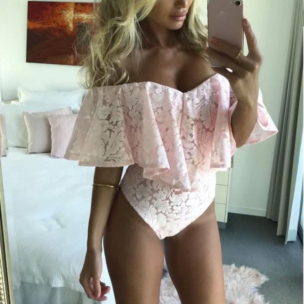 

women's jumpsuits & rompers summer lace ruffles women bosysuits off shoulder bodysuits bodycon slim bodysuit, Black;white