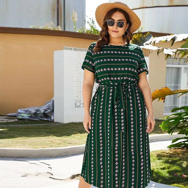 

dresses for women casual o neck short sleeve geometric print vintage dress plus size green ladies tunic maxi dresses, Black;gray