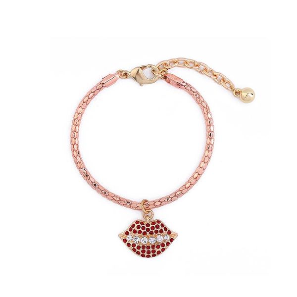 

charm bracelets rose gold color snake chain red crystal lip bracelet 2021 fashion gift jewelry female pendant wholesale, Golden;silver