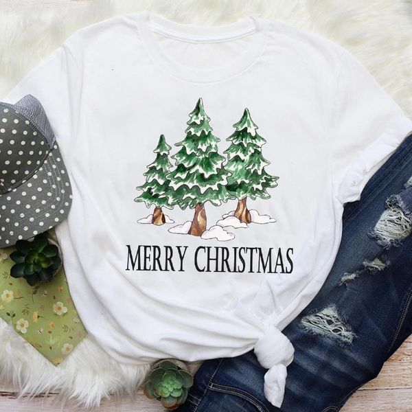 

women snow tree new year 90s holiday fashion merry christmas graphic tees clothes print lady female t shirt t-shirt, White