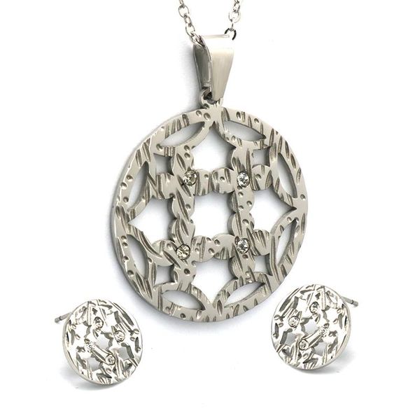 

earrings & necklace zirconia stainless steel jewelry sets hollow out pendant bijoux chain wholesale, Silver