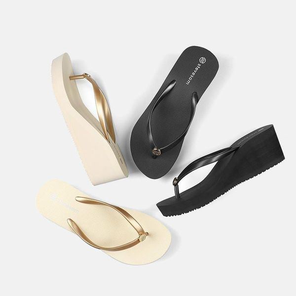 

slippers 2021 flip-flops women's high heel platform summer fashion wear all-match beach slanted spot1, Black