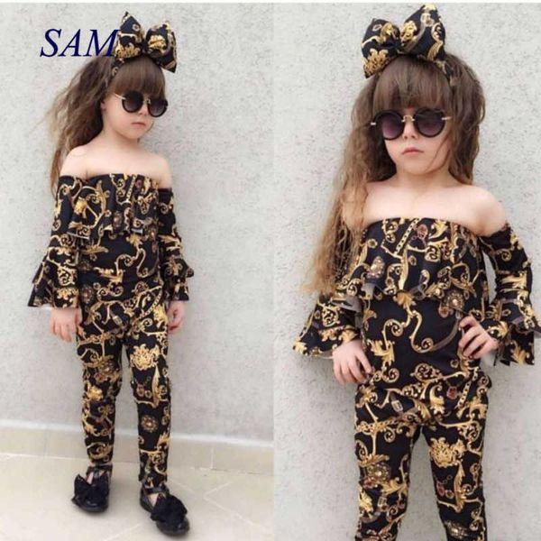 2021 Outono Ins Meninas Palavra Collar Flare Sleeves Topo + Impresso Calças + Headband Bow 3 Pcs Terno Children's Moda Roupas Sets X0902