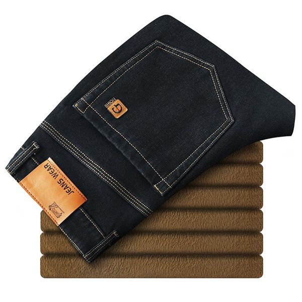 

men's jeans winter thermal warm flannel stretch mens quality brand fleece pants men straight velvet flocking trousers 40, Blue