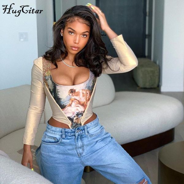 

women's t-shirt hugcitar 2021 long sleeve vintage print crop autumn winter women fashion streetwear outfits tshirts, White