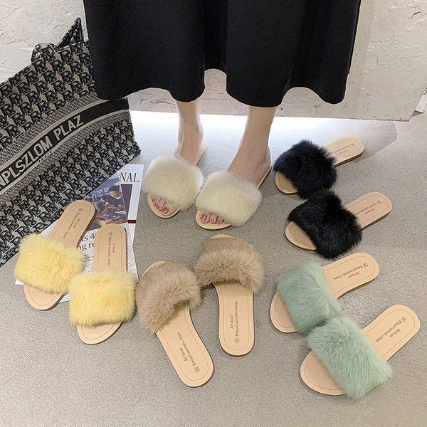 

slippers rimocy women's summer faux fur women fashion indoor outdoor solid color flat bottom furry sandals woman home, Black