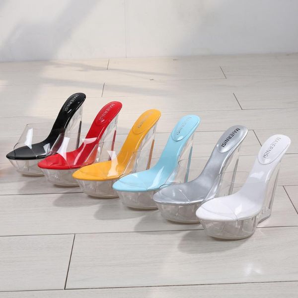 

sandals thick-soled heel and slippers, high transparency, special-shaped wedges, crystal shoes, open-toed women, Black