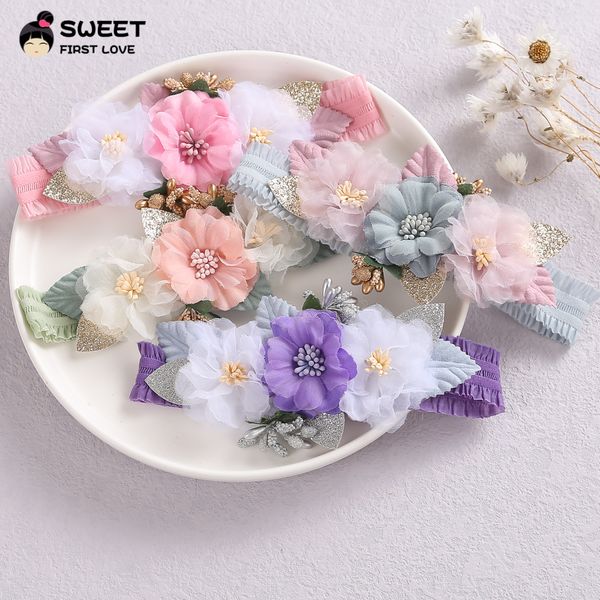 

cute baby headband flowers for girls newborn headwear lovely hair band 2021 chiffon flower lace headband hair accessories korean, Slivery;white