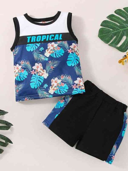 

baby letter and tropical print contrast binding tank & shorts she, White