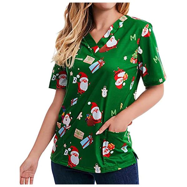 

women's t-shirt christmas printed fashion women v-neck short sleeve casual ladies loose 2021 home wear shirt, White