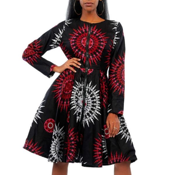 

new women print long sleeve round collar knee length es zipper vestidos vintage floral elegant autumn african female 2021 w59v, Black;gray