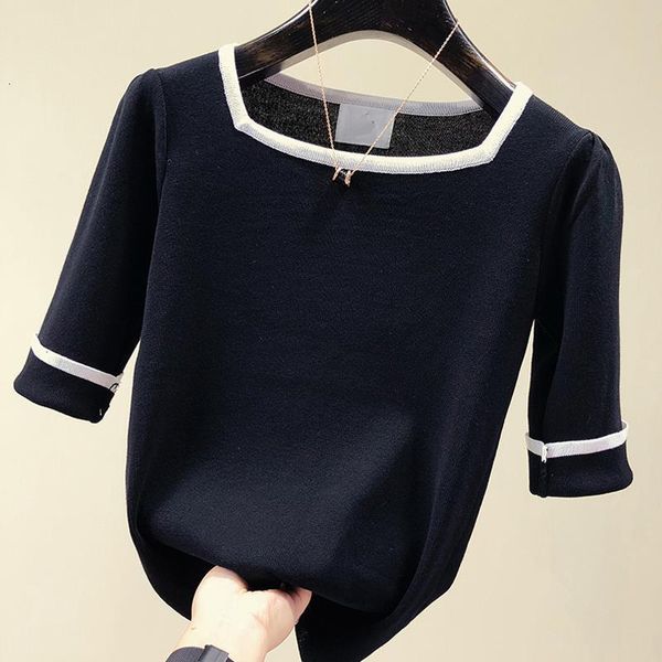 

tshirt woman 2021 summer fashion square collar t shirt women thin knitted t-shirt short sleeve pullover t shirt femme, White