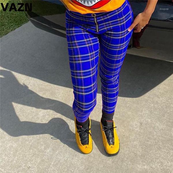 

women's pants & capris vazn 2021 classic plaid vintage color young daily soft style braid waist women long pencil, Black;white