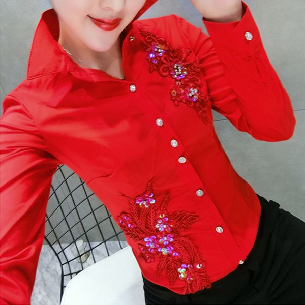

autumn new lace embroidery blouse turn down collar long-sleeved white ol shirt slim beaded women 210226