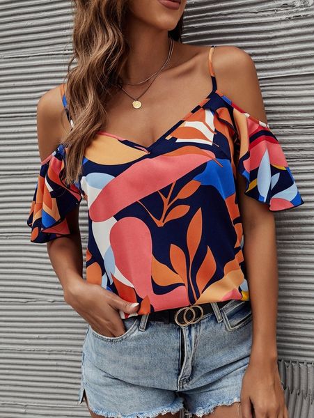 

plant print cold shoulder blouse o0cz#, White