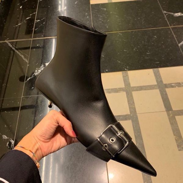 

boots buckle autumn winter women middle heels botas mujer invierno 2021 bottes femme pointed toe leather ankle for, Black
