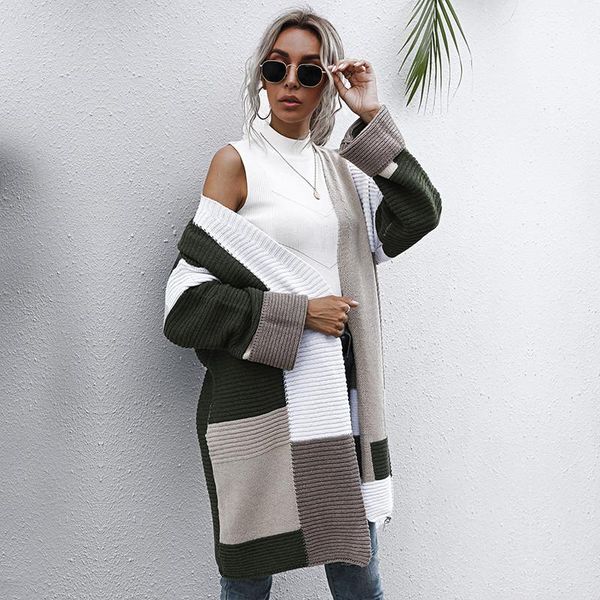 

women's knits & tees oversize cardigans sweater women casual patchwork color autumn winter thick warm knitted coat for 2021 fashion, White