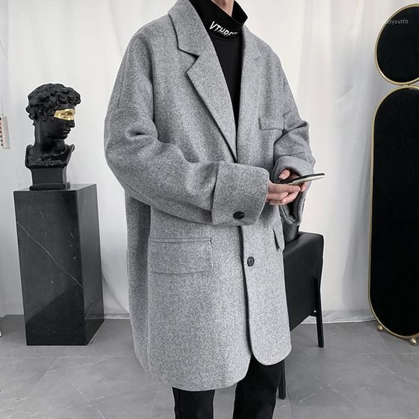 

long windbreaker coat men fabric single breasted loose jacket spring autumn casual clothing trench bg50th men's coats, Tan;black
