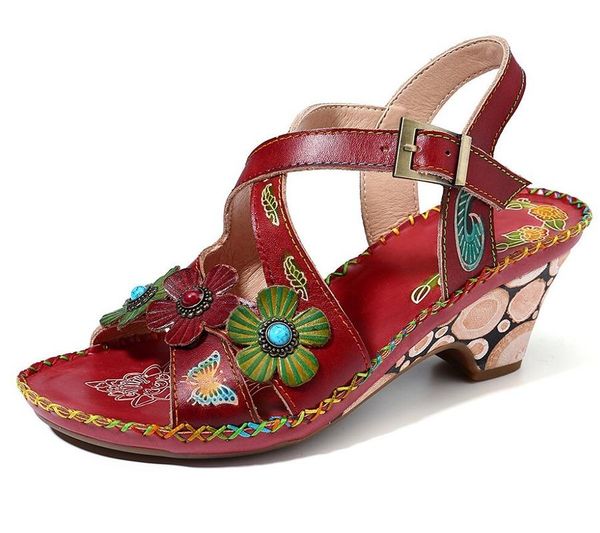

flower pattern ethnic beach sandals bohemian retro new rome style comfortable fashion high-heeled women's plus size 35-43, Black