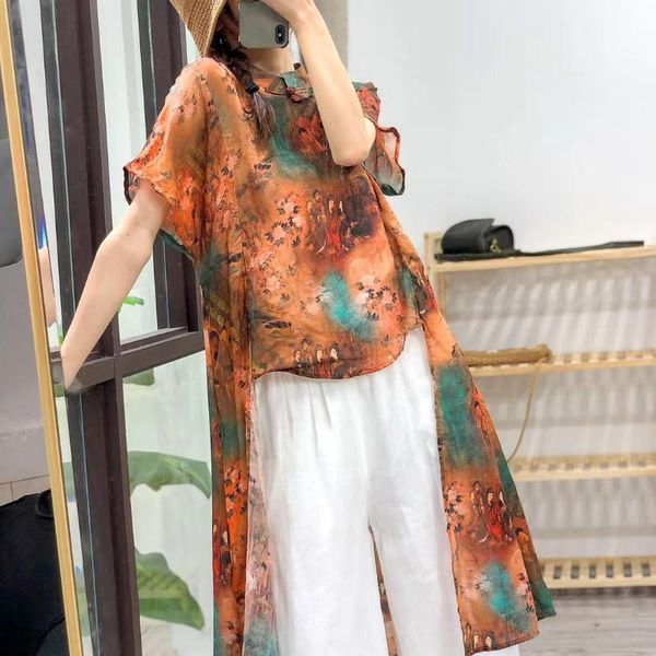 

women's blouses & shirts johnature women vintage ramie shirt and irregular stand short sleeve long 2021 summer print floral, White