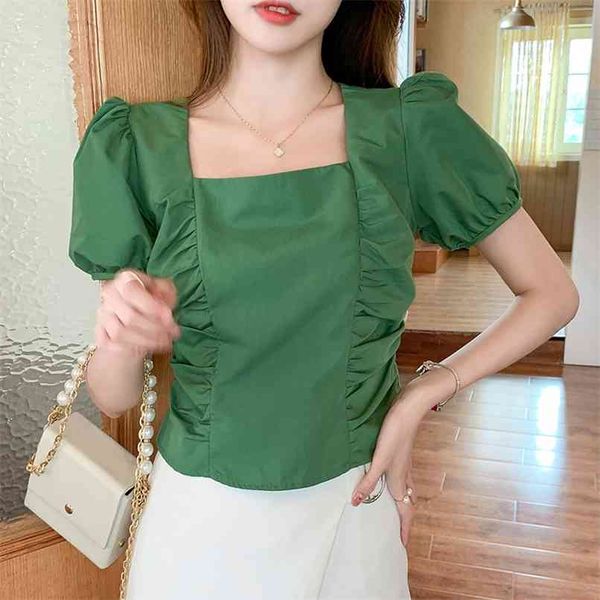 

fashion shirts women blouses summer short sleeve back zipper female square collar chiffon casual 210601, White