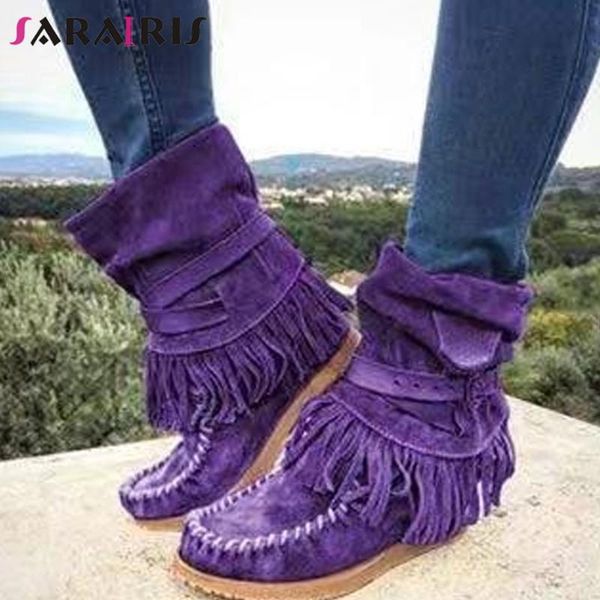 

boots sarairis retro girl wedges designer round toe sewing fringe slip on buckle women flock solid shoes woman, Black