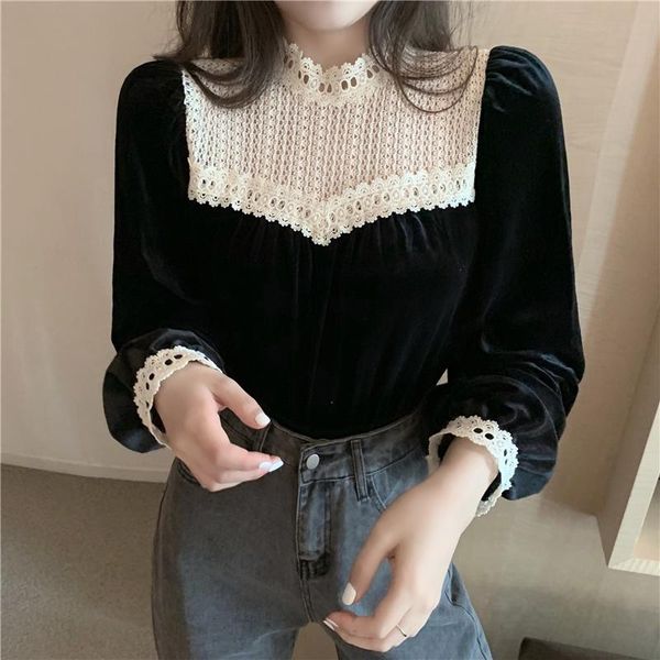 

neploe velvet blouse women lace patchwork vintage shirt blusas mujer de moda 2021 fall clothes long sleeve elegant blouses, White