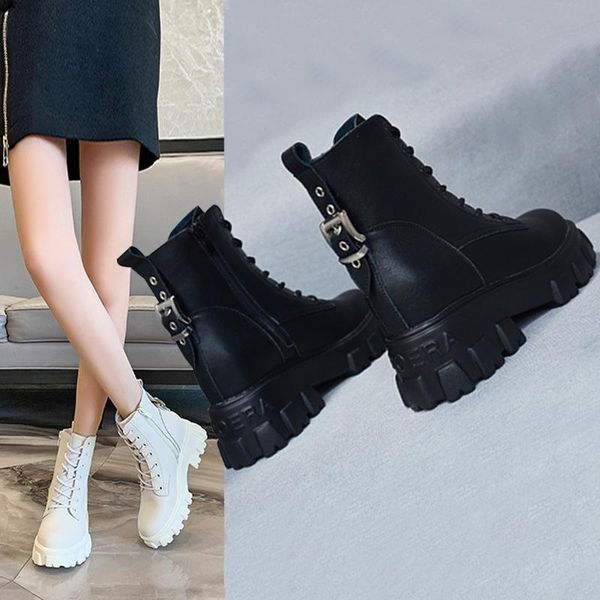 

boots autumn winter women leather fashion lady platform shoes woman black white lace up ankle