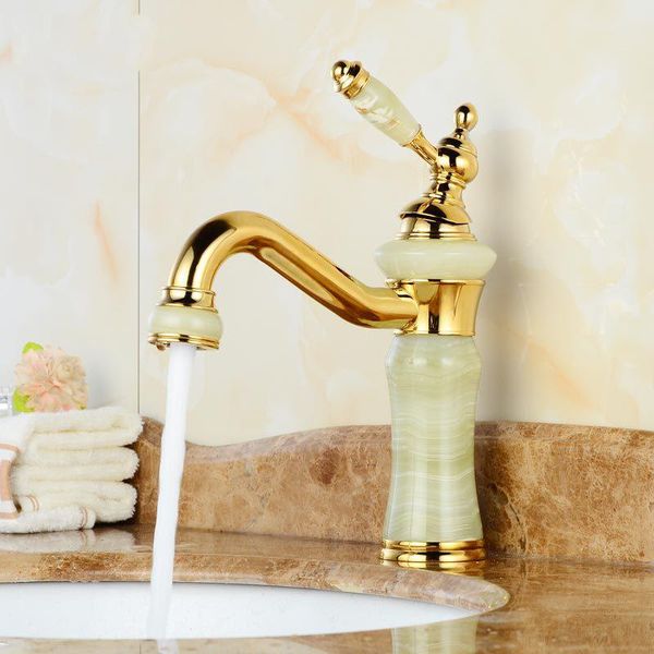 

bathroom sink faucets design golden finish luxury basin faucet single handle vanity mixer water tap brass and jade