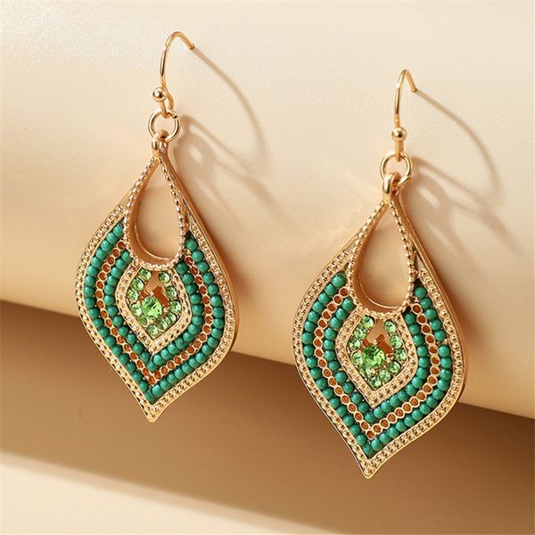 

2021 new vintage women bohemia green rhinestone earrings long dangle & chandelier alloy earrings matching clothes fashion jewelry gift, Silver