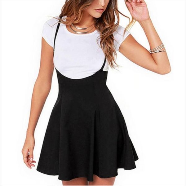 

black with shoulder straps womens skirt pleated suspender high waist mini school