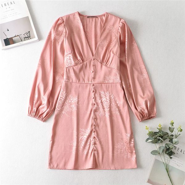 

2021 new elegant deep v-neck slim mini ladies lantern sleeve es vestido chic retro pink party j6lp, Black;gray
