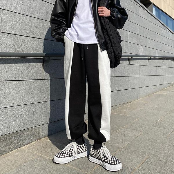 

men's pants korean casual fashion drawstring straight men streetwear loose hip-hop wide-leg mens trousers m-xl, Black