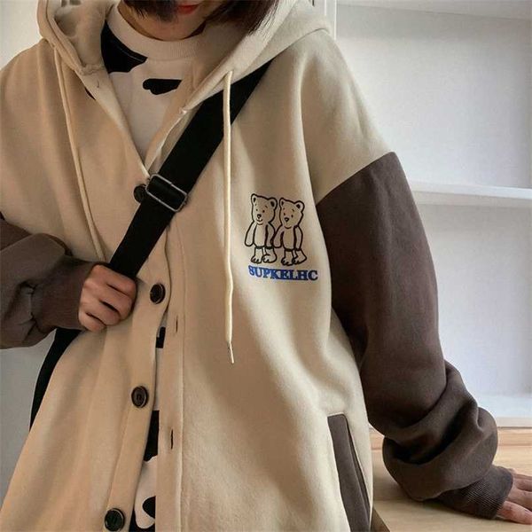 Harajuku Übergroßes Sweatshirt Streetwear Frauen Druck Brief Zip Up Hoodies Student Plus Größe Koreanische Outwear Chic Bär Lose Tops 211109