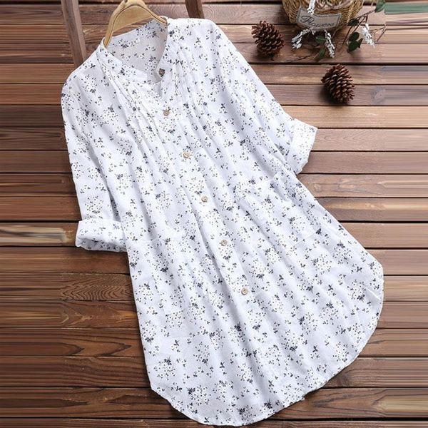 

womens blouses v-neck pleated floral print long sleeve casual blouse dames blouses lange mouwen blusas 2021 fashion shirts, White
