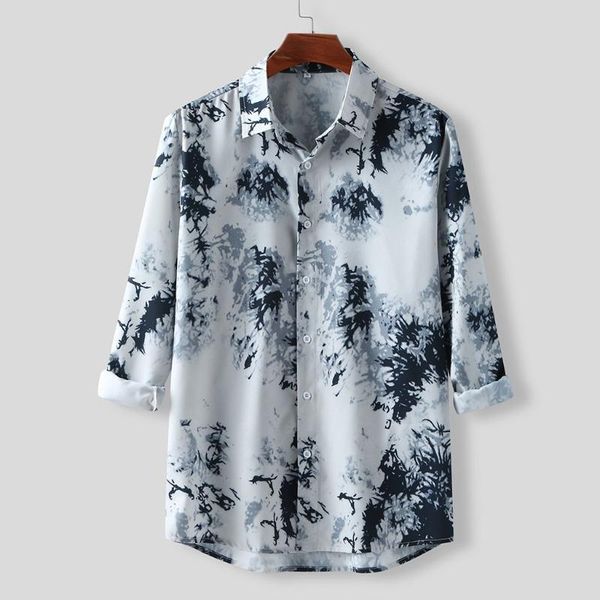 

casual collar shirt men cotton ink painting slim fit man shirts long sleeve shirts man tie-dye printing men's clothing, White;black