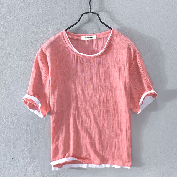 

2021 new vero algodo e linho manga curta camiseta masculina marca de moda t camisa para homem casual slido tshirt masculino chemise 150q, White