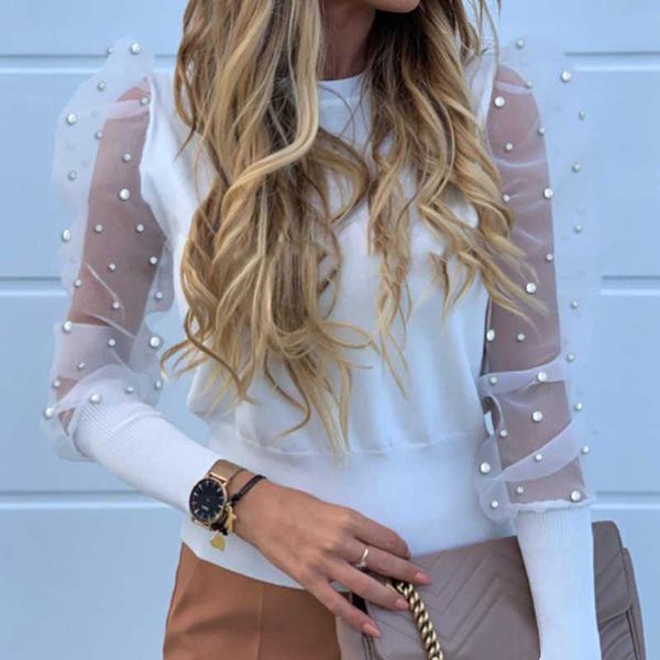 

women's blouses & shirts mesh lace puff sleeve fashion elegant shirt 2021 summer spring female solid pearl beaded ladies blouse, White