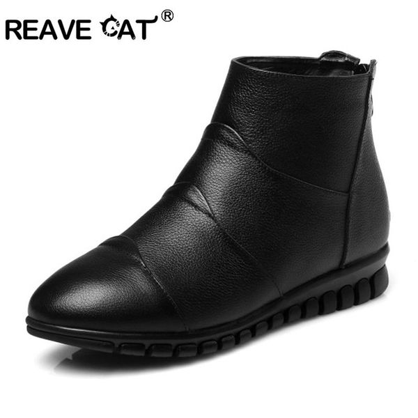 

boots leather shoes zipper reave cat women's autumn genuine design female ankle boot leisure footwear solid, Black