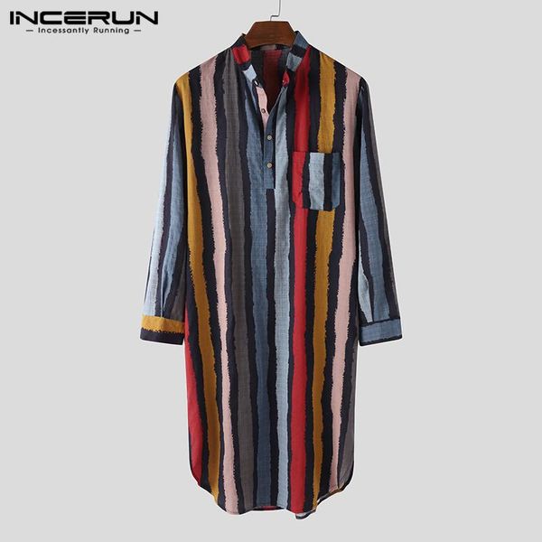 

men robes multicolor striped homewear long sleeve stand collar sleepwear cotton cozy leisure bathrobes mens nightgown incerun, Black;brown