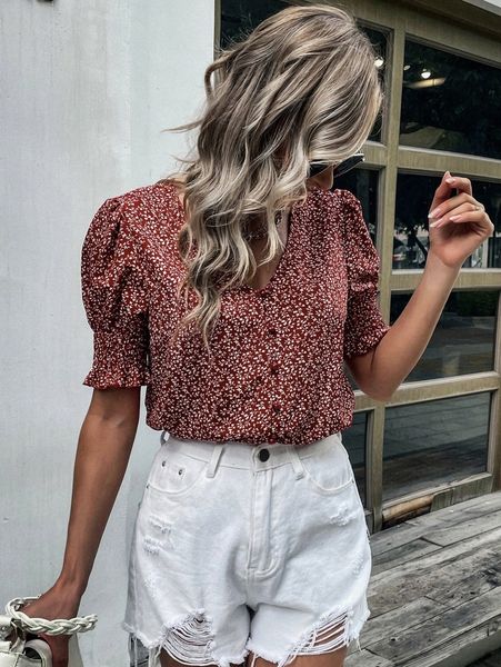 

ditsy floral shirred sleeve blouse 751w#, White