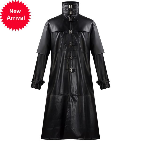 

lugentolo long faux leather jacket men plus size spring fashion wide-waisted snap stand-up collar pu jackets, Black;brown