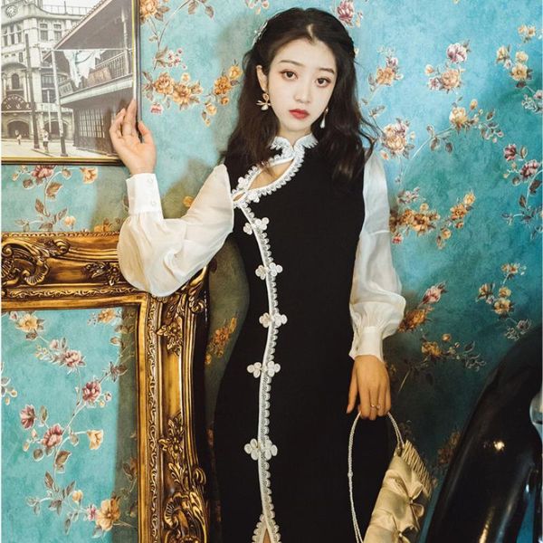 

casual dresses 2021 spring evening party night split dress black knitting cotton long women elegant improved cheongsam sheath, Black;gray
