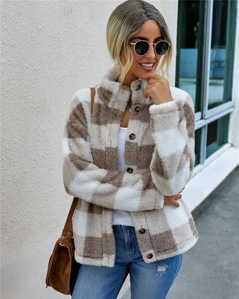 

women's jackets women plaid button down jacket coat autumn winter casual long sleeve fuzzy fleece stand collar loose pocket streetwear, Black;brown