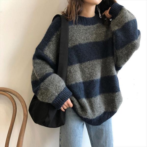 

women oversized knitted striped knit womens sweater pullover loose jumper long sleeve autumn winter casual thicken, White;black