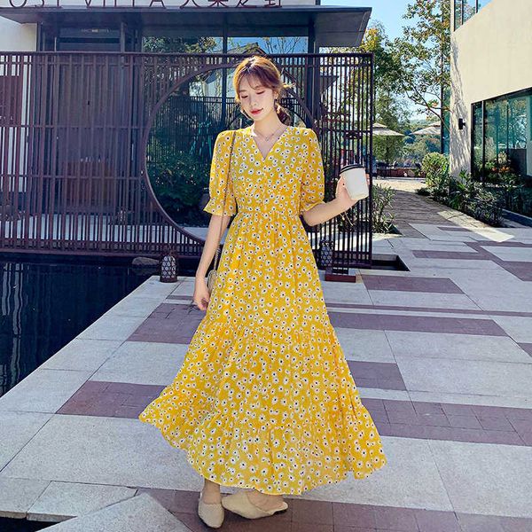 

summer vintage floral print maxi dress women boho short sleeve long slim chiffon casual es robe 210529, Black;gray
