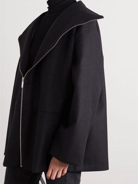 

women's wool & blends women woolen coat zipper simple turn-down collar ladies short jacket, Black
