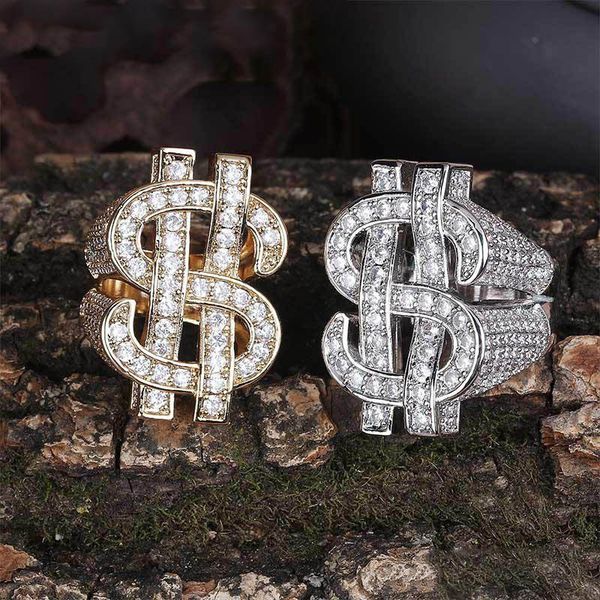 

iced out full zircon dollar sign rings gold silver plated luxury fashion mens hiphop jewelry gift